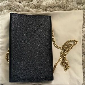 YSL like Black Textured Crossbody Bag with Gold Chain